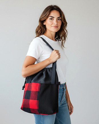 Czarno-czerwona torba z kominem do wózka w kratę, raspberi