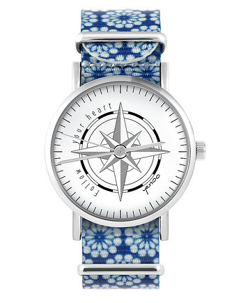 Zegarek - Kompas - niebieski, kwiaty, yenoo