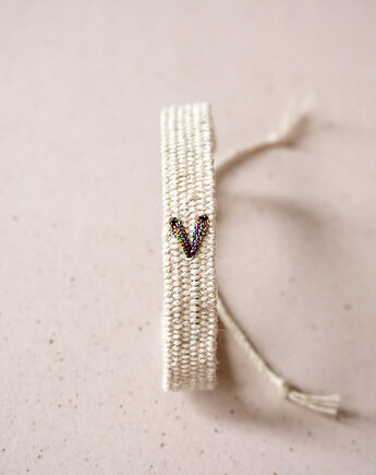 Tkana bransoletka z bawełny i lnu z haftowanym tęczowym serduszkiem, Słońcem Tkane