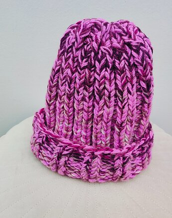 Czapka różowo - fioletowa kolorowa Winter Melange, Po.dziergane
