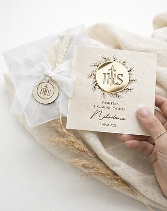 Kartka na pamiątkę I Komunii Świętej DREWNIANA, DREWNIANA KARTKA