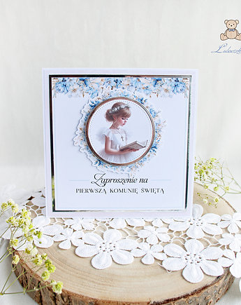 Zaproszenia Pierwsza Komunia "Blue Flower Girl", Lulaczkowo