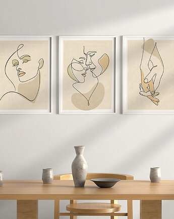 Zestaw 3 stylowych plakatów w stylu Boho, kobieta, twarz, line art., Grawisfera