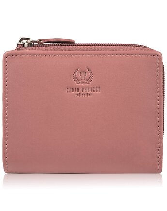 Portfel damski skórzany mały różowy pastelowy w orientacji poziomej z RFID, Paolo Peruzzi