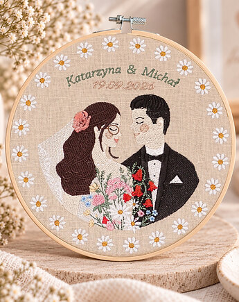 Personalizowana pamiątka ślubna, haft ślubny/ rocznicowy w tamborku, Plasun
