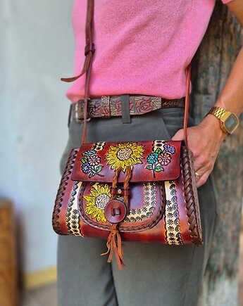 Torebka skórzana Ivanna ręcznie robiona kwiaty, SempreArte