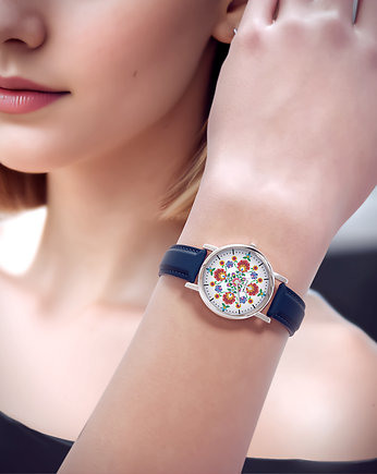 Zegarek mały - Folkowa mandala - skórzany, granatowy, yenoo