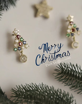 Świąteczne kolczyki srebrne z choinką + ball, Ewa Saj Silver