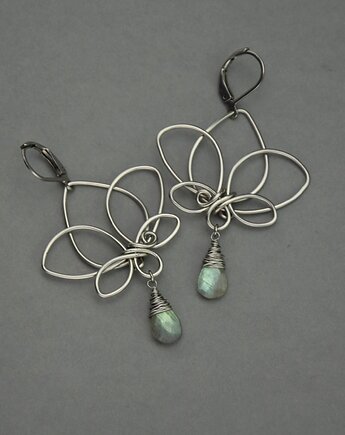 Długie kolczyki kwiat lotosu labradoryt wire wrapping, Agata Rozanska