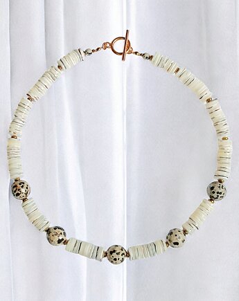 UNIKATOWY naszyjnik : muszla kremowa i jaspis dalmatyński, kaktusia