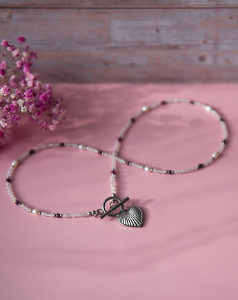 AMOUR naszyjnik z kamieni - kwarc różowy, rubin i perła, Greenmoon Handmade