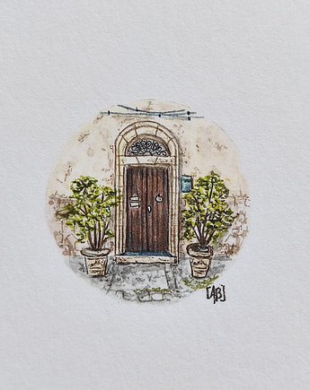 Stare drzwi, pamiątka z  Sycylii, mianiatura ilustracja, atelier Brocante