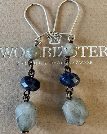 Kolczyki srebrne z szafirami, labradorytami, kamieniami księzycowymi, Ade Art