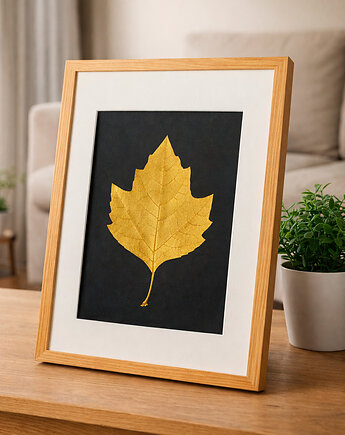 Złoty Liść Platan Klonolistny w Dębowej Ramie 20x30cm. Naturalny Obraz, Kuźnia Obrazów