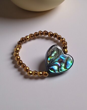 Serduszko - pierścionek : muszla PAUA , hematyt, kaktusia