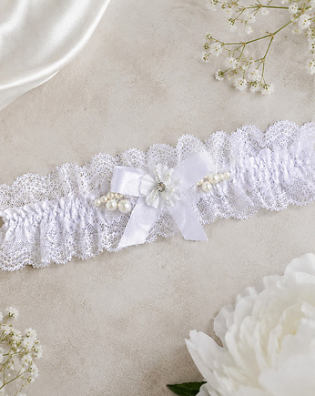 Podwiązka ślubna biała z kwiatem, wstążką, koralikami, koronkowa, Lingerie NTL