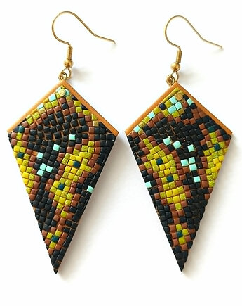 Duże Wiszące Zielone Brązowe Kolczyki Boho Geometryczne, OMIFIMO