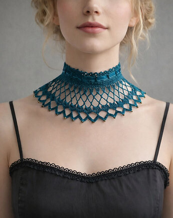 Naszyjnik koronkowy ciemny turkus/morski styl retro, Księżycowa ćma