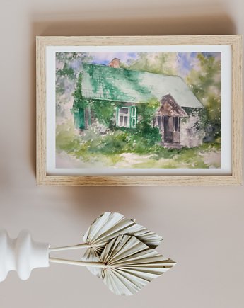 WYPRZEDAŻ SZTUKI! Akwarela Dom w zieleni oryginalny obraz 300g A3 30x42 cm, Kwitnace