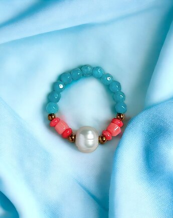 Pierścionek : summer : perła, koral, jadeit, kaktusia