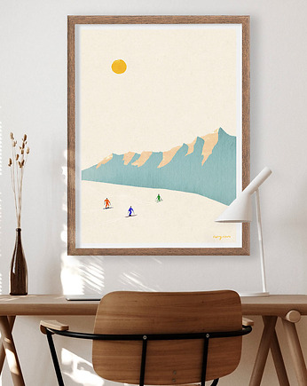 Narciarze na stoku - plakat 50x70 cm - panorama z górskimi szczytami, minimalmill