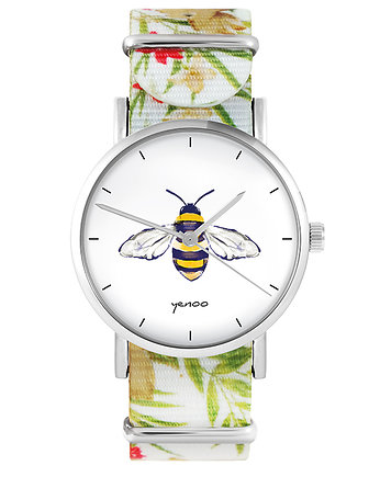 Zegarek - Pszczoła - kwiaty, nato, biały, yenoo