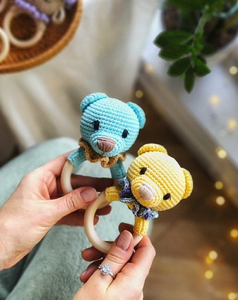 Grzechotka miś, Gryzak na kółku dla niemowlaka, Prezent dla noworodka, EcoToysByNastya