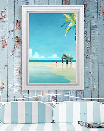 Egzotyczne wakacje - plakat 50x70 cm - lazurowa plaża ze słoniem, minimalmill