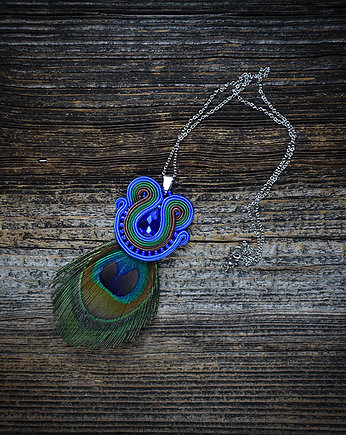 Peacock eye- wisior soutache z piórami, Mró Soutache