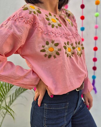 Bluzka ręcznie haftowana CAMA Różowa kwiaty ONE SIZE, SempreArte