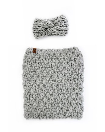 Szary komplet wełniany komin i opaska z grubej wełny, Holy Alpaca Knit