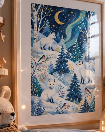 PLAKAT pokój dziecka zimowa ilustracja zwierzęta lisy Polarne, black dot studio