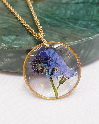 Naszyjnik zawieszka z niezapominajką, Jaskółcze ziele handmade 