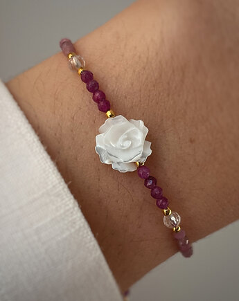 Bransoletka na nici z różowego turmalinu, rubinu z różą, Bring Biżuteria