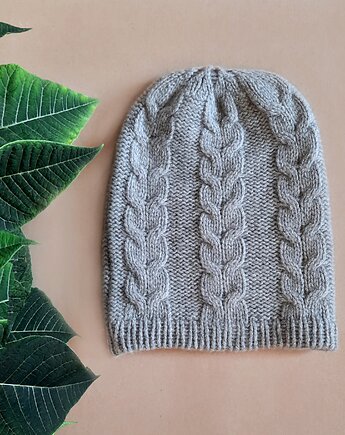 Kaszmirowa czapka- czapka z kaszmiru 100% szara warkocz, BAJKA projekt