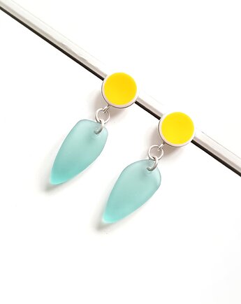 Kolczyki ceramiczne żółte + szkło z morza, biżuteria z talerzy