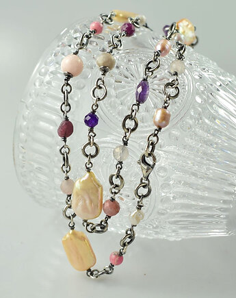 Mix kamieni różowo-fioletowy  II - srebrny naszyjnik, Sunflower Kornelia Kubinowska