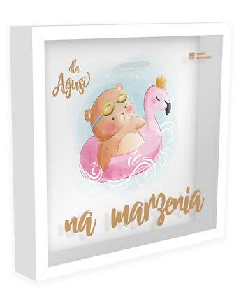 Ramka Skarbonka - Na marzenia - misiu na flamingu - z imieniem dziecka, Ramka Skarbonka