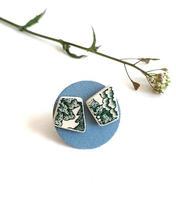 Kolczyki ceramiczne w zielone wzory, biżuteria z talerzy