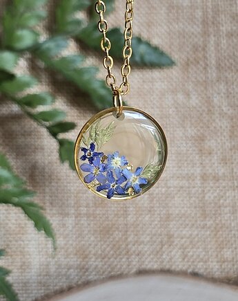 Wisiorek z niezapominajkami prawdziwe kwiaty złoty, zkwiatem