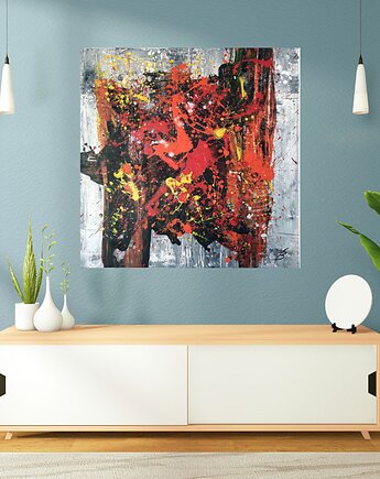GNIEW 80x80 cm Akryl na płótnie Duży obraz Abstrakcja do salonu, Joanna Bilska