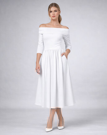 Oliwia - sukienka z odkrytymi ramionami i kieszeniami, milita nikonorov