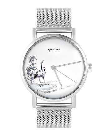 Zegarek - Japońskie żurawie - bransoleta mesh, yenoo