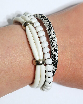 Bransoletka - Biała, czarna - rzemienie, drewniane koraliki, yenoo