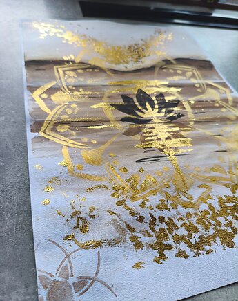 Złota Akwarela Lotos Mandala Medytacja Złoto Obraz 30x42 Golden Path, kkjustpaint Karolina Kamińska