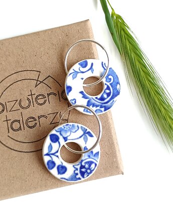 Kolczyki ceramiczne w kobaltowe wzory koła, biżuteria z talerzy