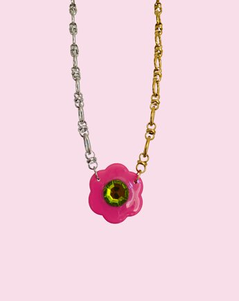 CHOKER srebrno-złoty z różowym kwiatem, Cuksy Jewellery