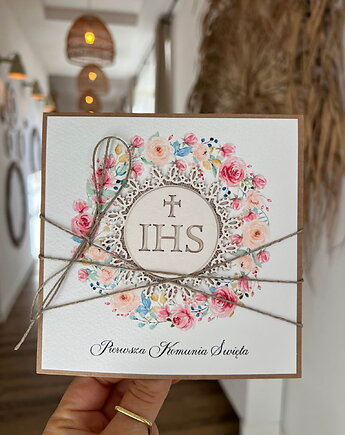 Ręcznie robiona kartka na komunię z życzeniami, sorte