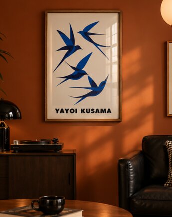PLAKAT dekoracyjny ptaki Yayoi Kusama, niebieski poster, black dot studio