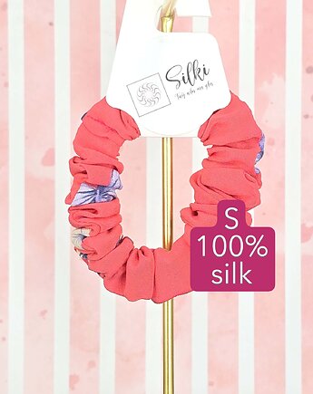 S wąska gumka jedwabna do włosów jedwab naturalny scrunchie koralowa, Silki